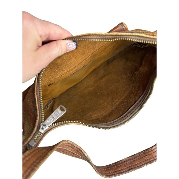 Vintage Frye Leather Serval Zipper Shoulder‎ Bag With Woven Detail - Picture 6 of 9